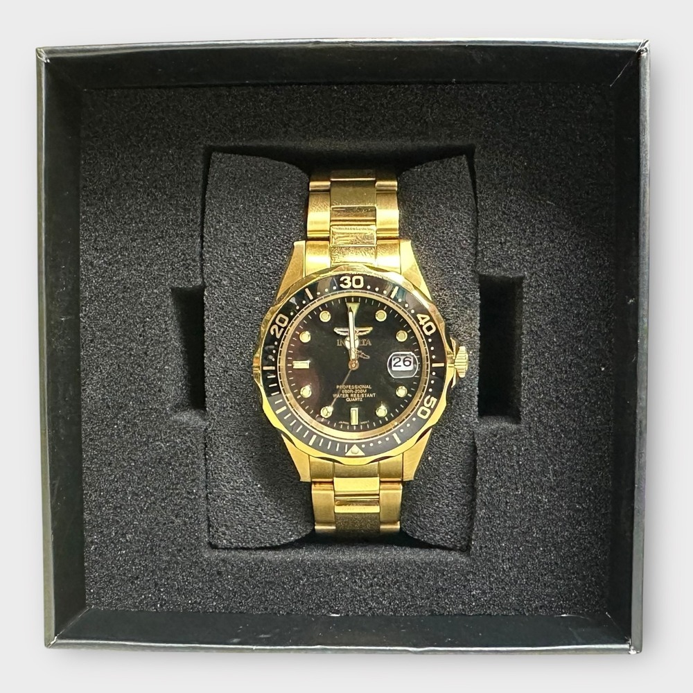 Invicta Watch Gold Tone Mens‎ 40mm Black Dial Date 200M Stainless 8936 Boxed - Picture 4 of 16